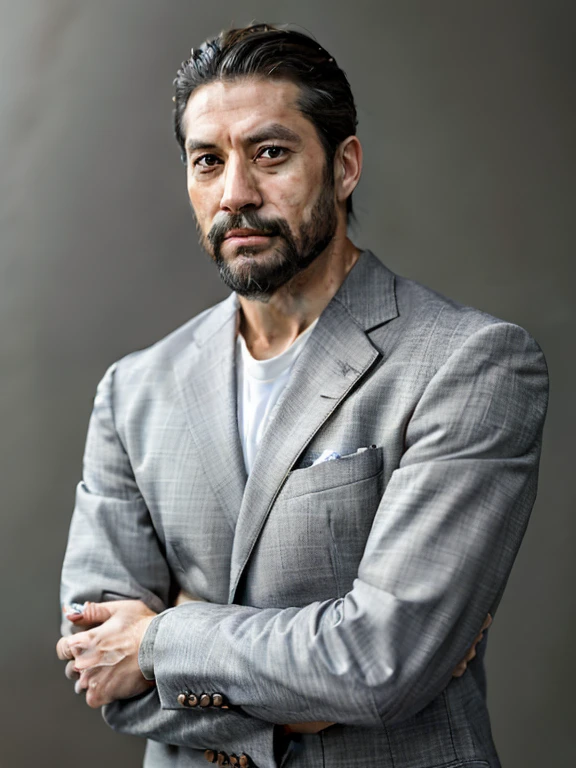 Handsome men,Japan in their 40s,Bearded,dandy,musculature,Upper body portrait,人物,put your hand on your chin,Gray background,suits,put your left hand on your chin,put your left hand on your chin