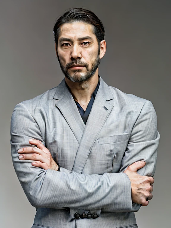 Handsome men,Japan in their 40s,Bearded,dandy,musculature,Upper body portrait,人物,put your hand on your chin,Gray background,suits,put your left hand on your chin,put your left hand on your chin