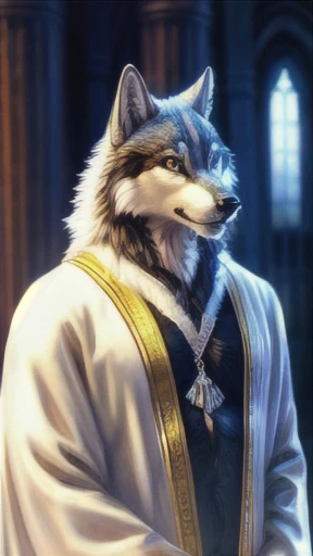 portrait wolf wearing white robes, intricate, photorealistic, highly detailed, 8K, stoic, two-tone fur, white and gold fur