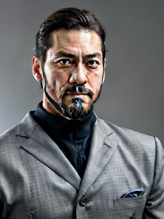 Handsome men,Japan in their 40s,Bearded,dandy,musculature,Upper body portrait,人物,put your hand on your chin,Gray background,suits,put your left hand on your chin,put your left hand on your chin,touch one's face