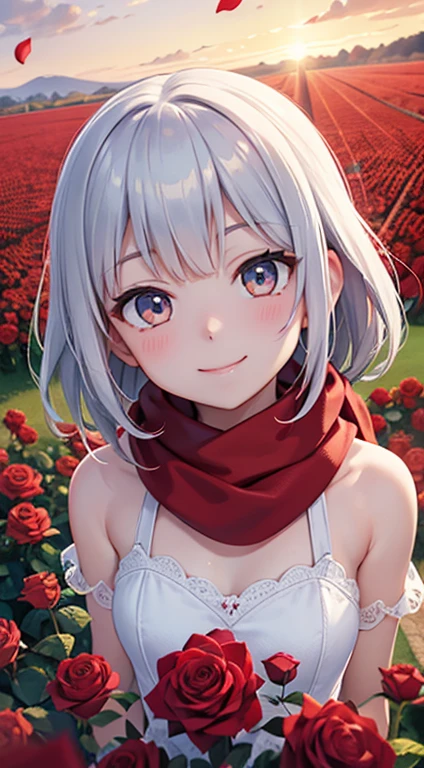Vista, the panorama, Perspective, depth of fields, Bust, Upper body, Cinematic Angle, masutepiece, Best Quality, ultra-detailliert, nffsw, 8K Wallpaper, Beautiful face, Delicate eyes, maidennurse, Solo, Smile, Silver hair, Golden Eyes, Fair skin, Hair strands, red scarf, White evening dress, Rose field, Red flowers, roses, flower  field, flower petals, Flying petals, Smiling