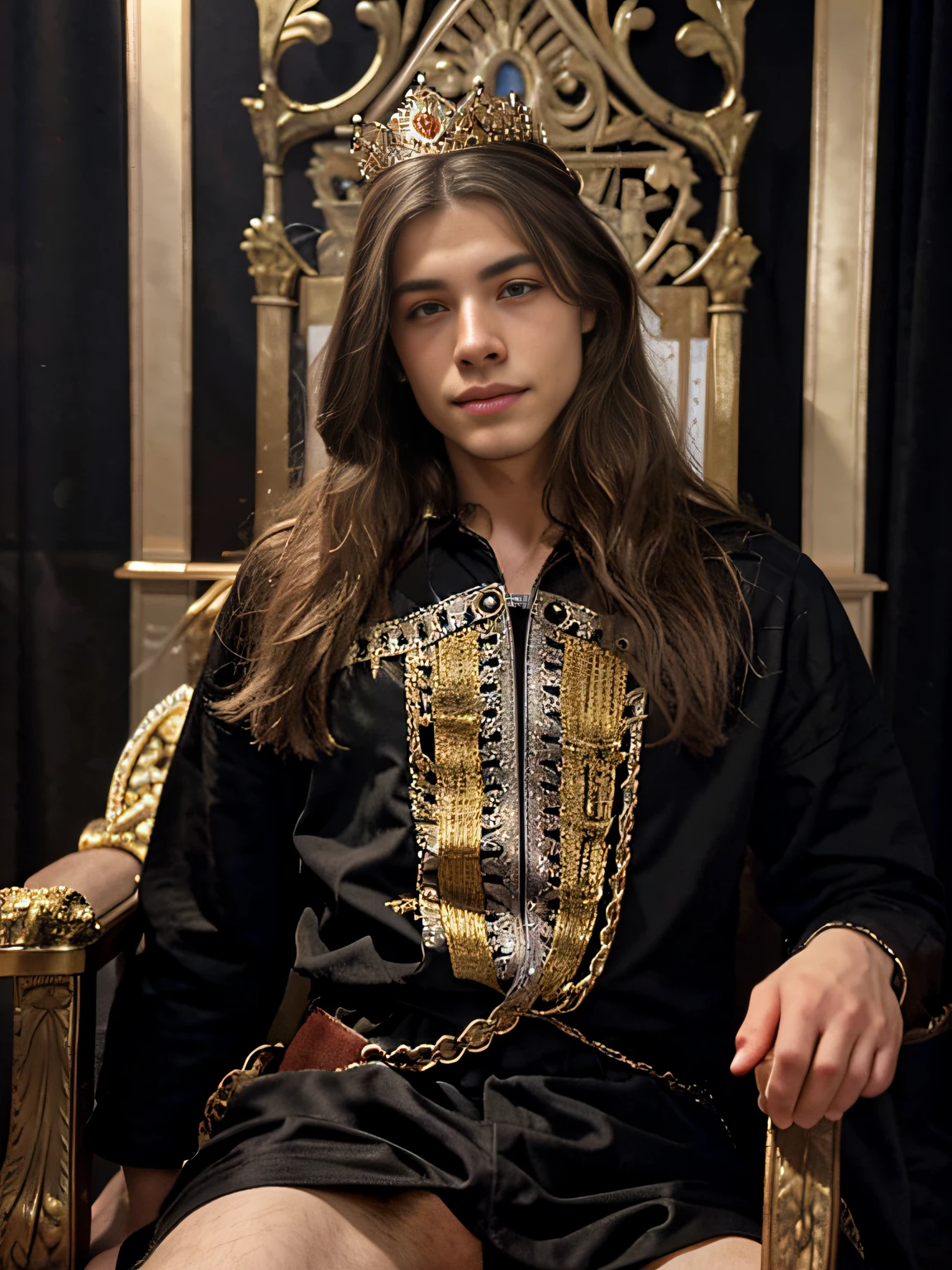 detailed background, masterpiece, top quality. Hyper realistic, Thin male guy with white long hair, brunet, Mexican and Greek mixed, Sitting on a throne and wearing a Golden crown. Wearing a black and red suit. Big smile, serious eyes. ((best quality)), ((masterpiece)), (detailed), perfect face epiCRealLife game of thrones style. White Hair, Silver hair. Straight hair. Not muscular.