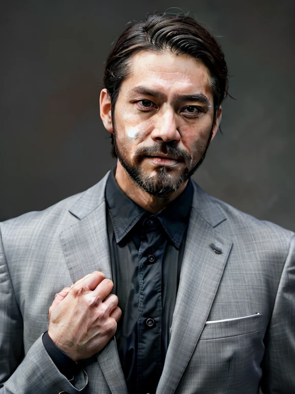 Handsome men,Japan in their 40s,Bearded,dandy,musculature,Upper body portrait,人物,Gray background,suits,touching one's face with one's hands