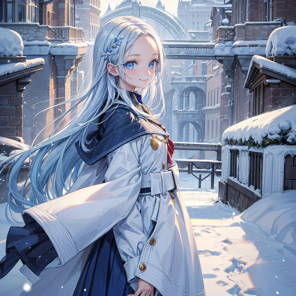 season winter, it's snowing:1.3, in the bridge, 1 (forehead:0.5, blue long hair girl, detailed blue eyes:1.4, in a school uniform, smile, walking, masterpiece, beautiful detailed grow.