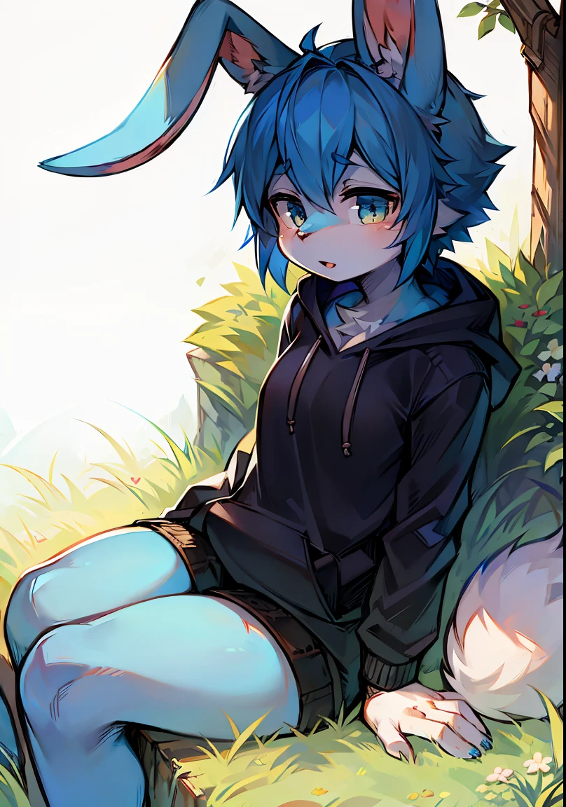 furry, blue fur, blue hair, rabbit ,rabbit tail, bunny, bunny ears, rabbit, ears, [[[medium breast]]], sitting on grass, looking, sfw, hoodie