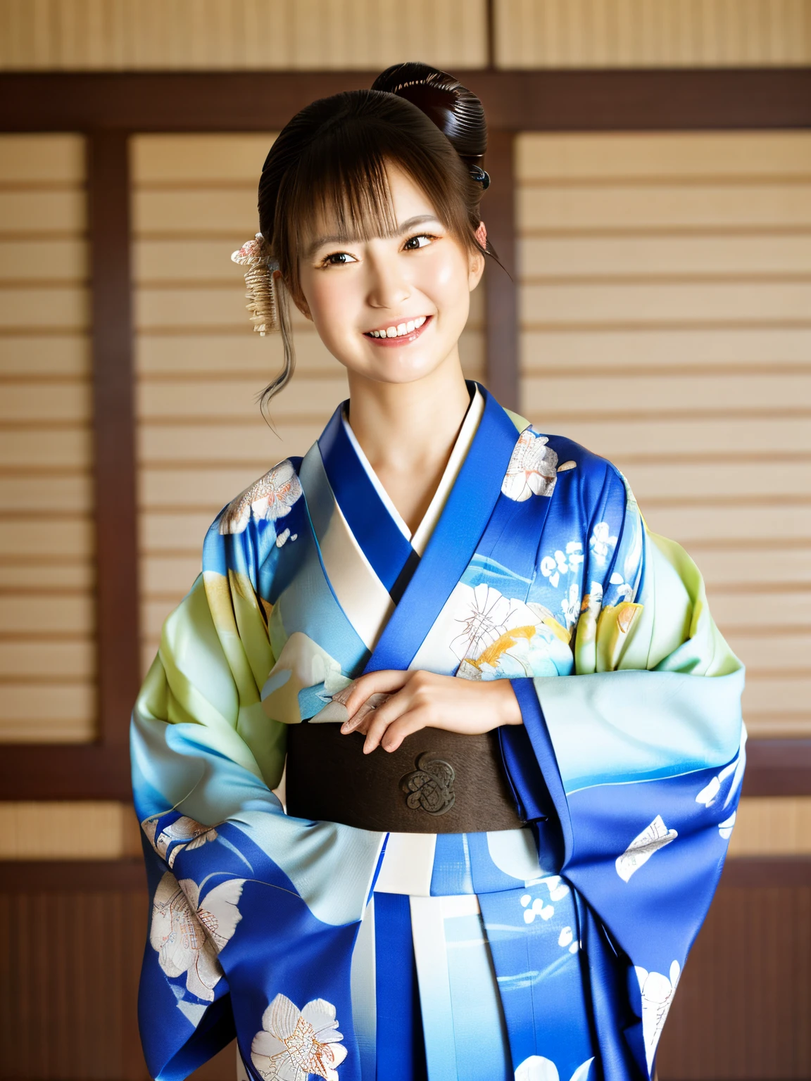 High-quality images,Best Quality, Beautiful face details,Full-body high-resolution image,Standing at a photo session, looking at me, smiling and looking at the camera., kimono, Bright blue,Looking at Viewer, Smile, Tatami room