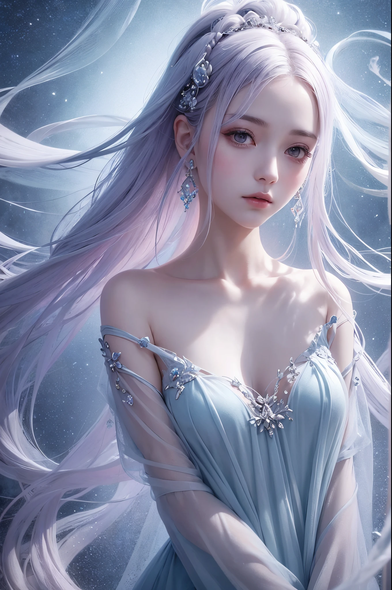 Abstract style hauntingly ethereal portrait of a mysterious figure draped in translucent fabric, crystals adorning their hair, amidst a dreamlike swirl of pastel hues and soft light, evoking a sense of calm serenity and elusive beauty, high detail, award winning masterpiece with incredible details . Non-representational, colors and shapes, expression of feelings, imaginative, highly detailed