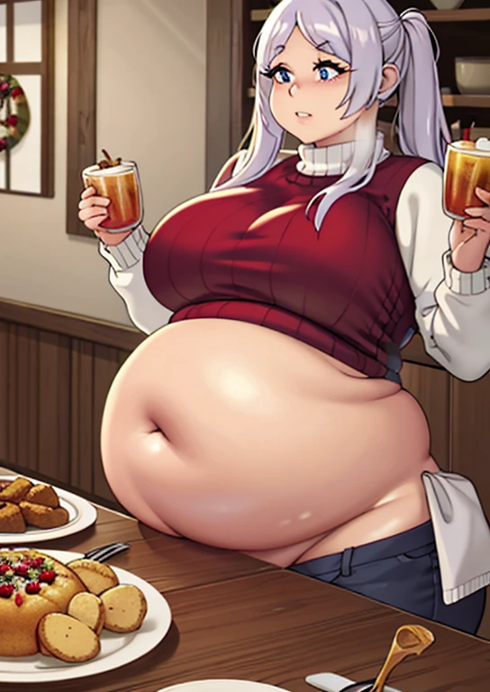 fat, large belly, standing, grabbing belly, very fat, large stomach, chubby (best quality, masterpiece), fat belly, at, large belly, standing, grabbing belly, very fat, large stomach, chubby (best quality, masterpiece), thanksgiving, wearing sweater, grabbing belly, sitting down, table with of food, table tons of food, lots of food, holding belly, table with food, sitting, wearing sweater, Christmas, Holiday, Christmas cookies, Frieren