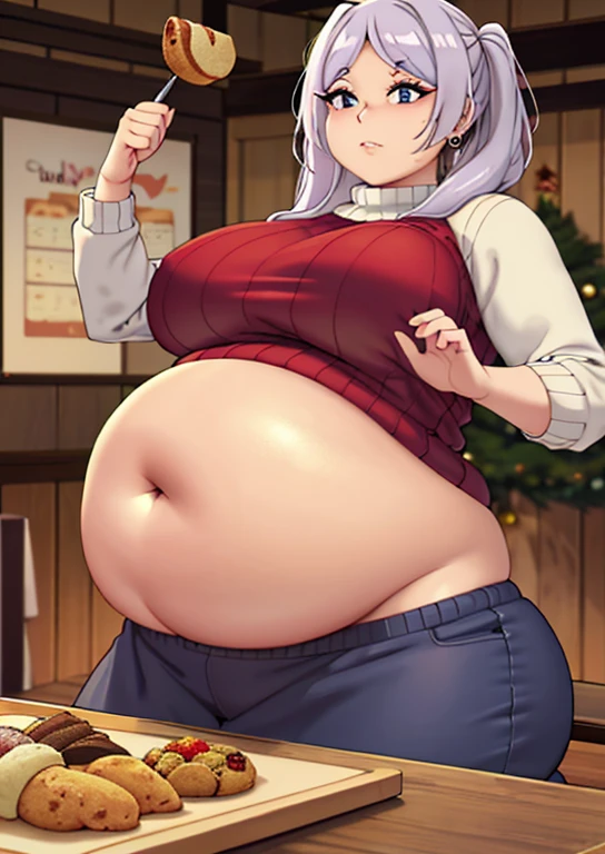 fat, large belly, standing, grabbing belly, very fat, large stomach, chubby (best quality, masterpiece), fat belly, at, large belly, standing, grabbing belly, very fat, large stomach, chubby (best quality, masterpiece), thanksgiving, wearing sweater, grabbing belly, sitting down, table with of food, table tons of food, lots of food, holding belly, table with food, sitting, wearing sweater, Christmas, Holiday, Christmas cookies, Frieren