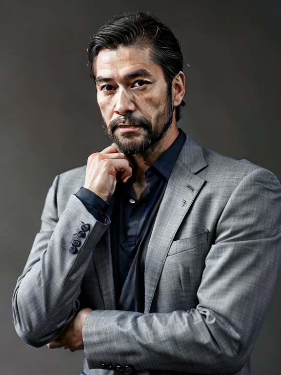 Handsome men,Japan in their 40s,Bearded,dandy,musculature,Upper body portrait,人物,Gray background,suits,Touching your face with your hands
