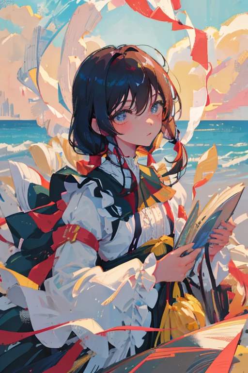 Best quality at best, Super nothing, フォトリアリスティック, a picture of a beautiful woman, Age of 30 years of adolescence, 详细的脸, Black messy fishtail braid, (Detailed porcelain doll,Delicate clothes with lots of ruffles and ribbons), sea beach, (closeup of face), Seductive look, looking at viewert