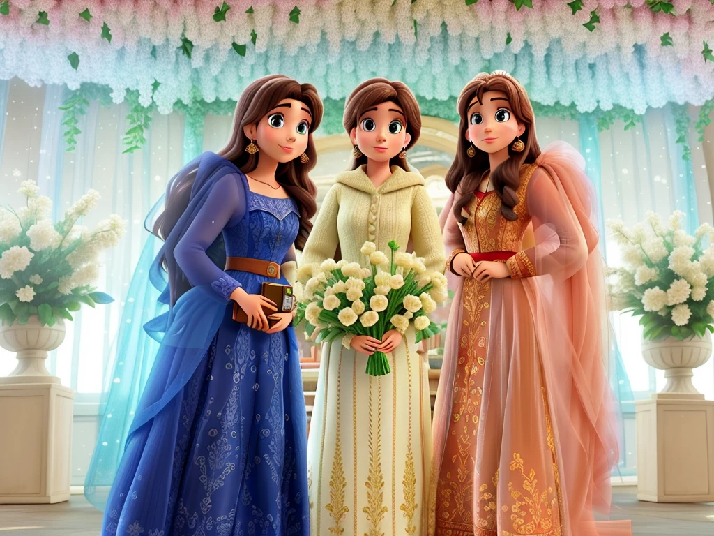 Three brunette women Disney Pixar style, alta qualidade, melhor qualidade, pano de fundo biblioteca