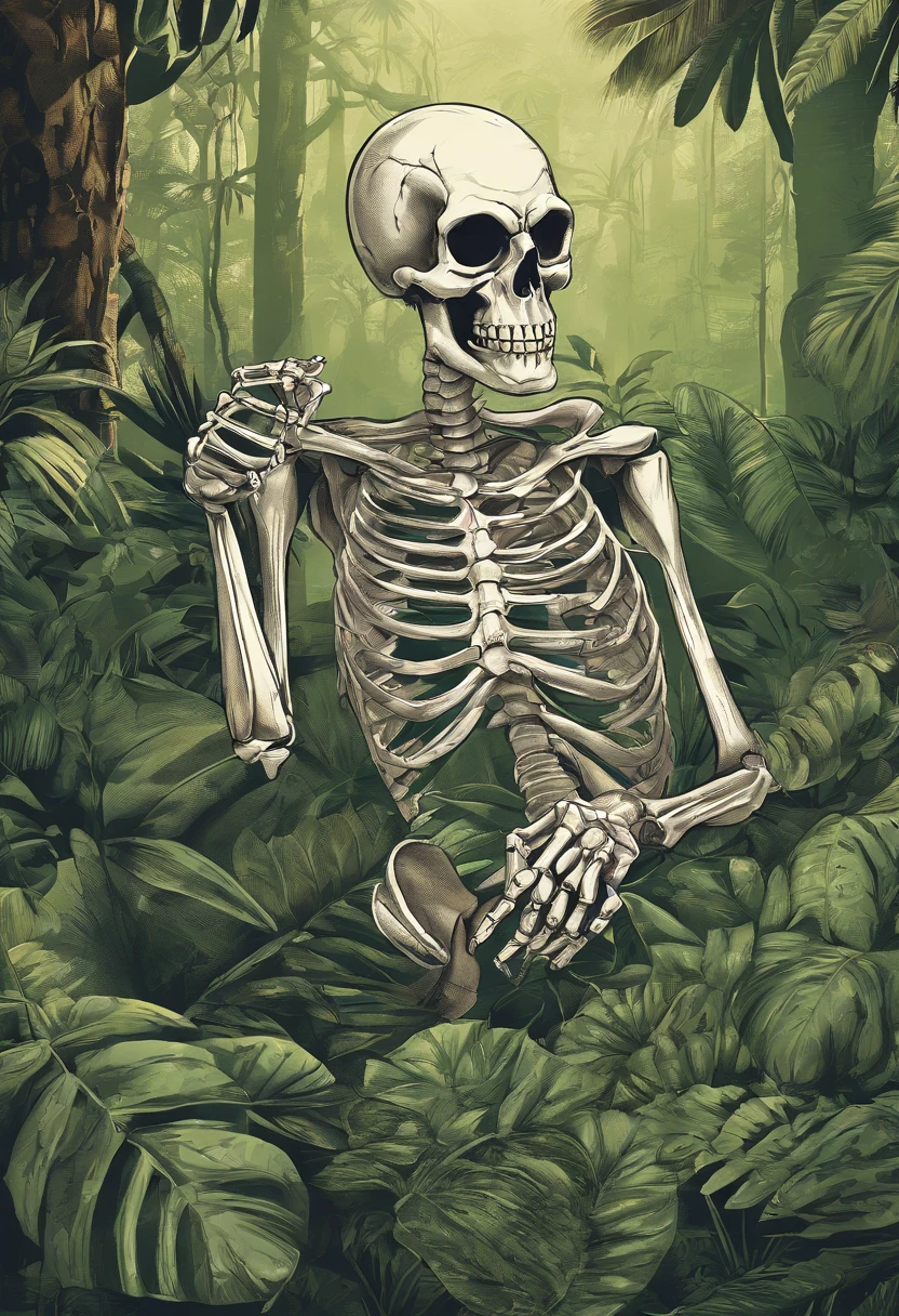 a skeleton showing the middle finger in the jungle