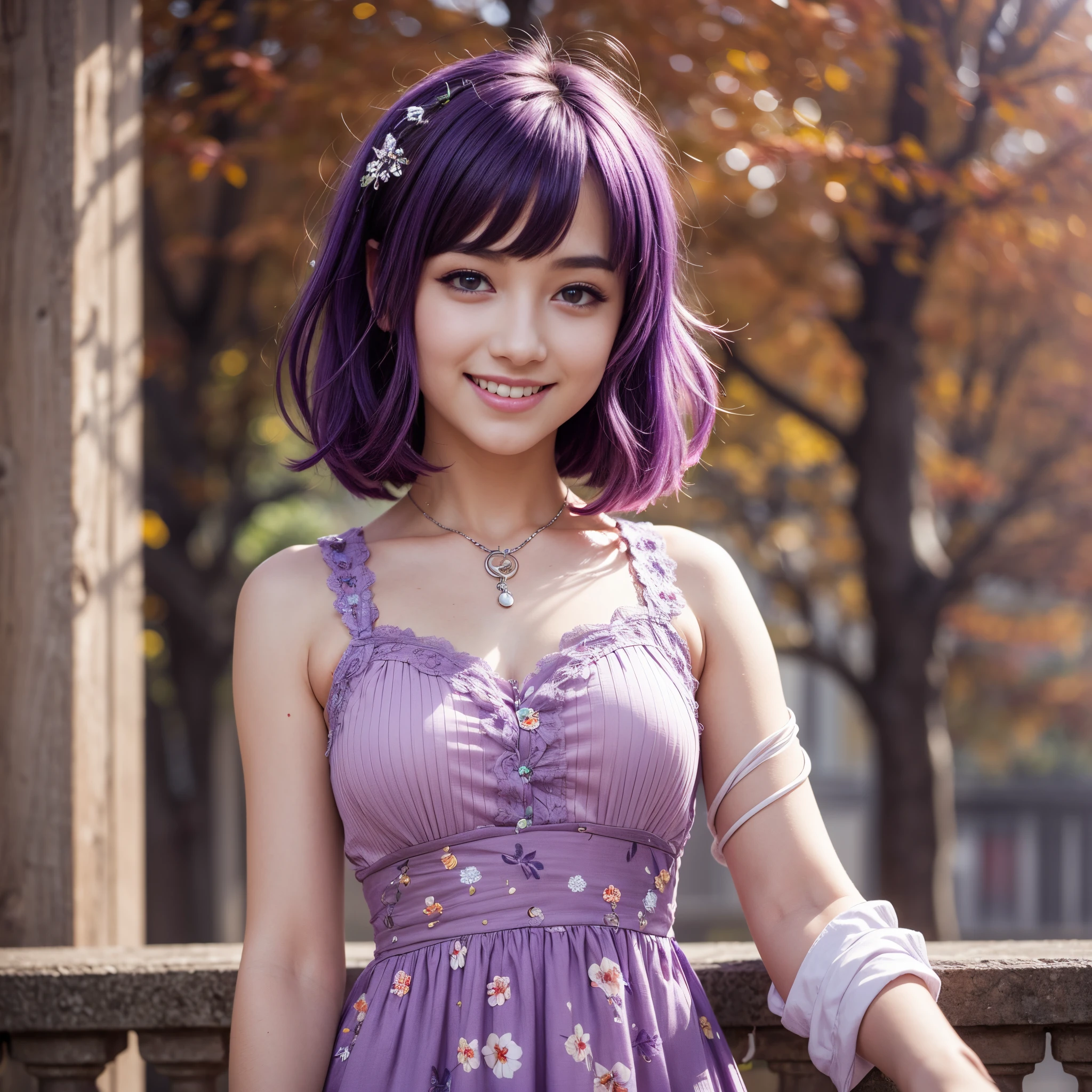 best quality, high quality, a cute girl, solo, beautiful purple hair, beautiful purple eyes, light smile,