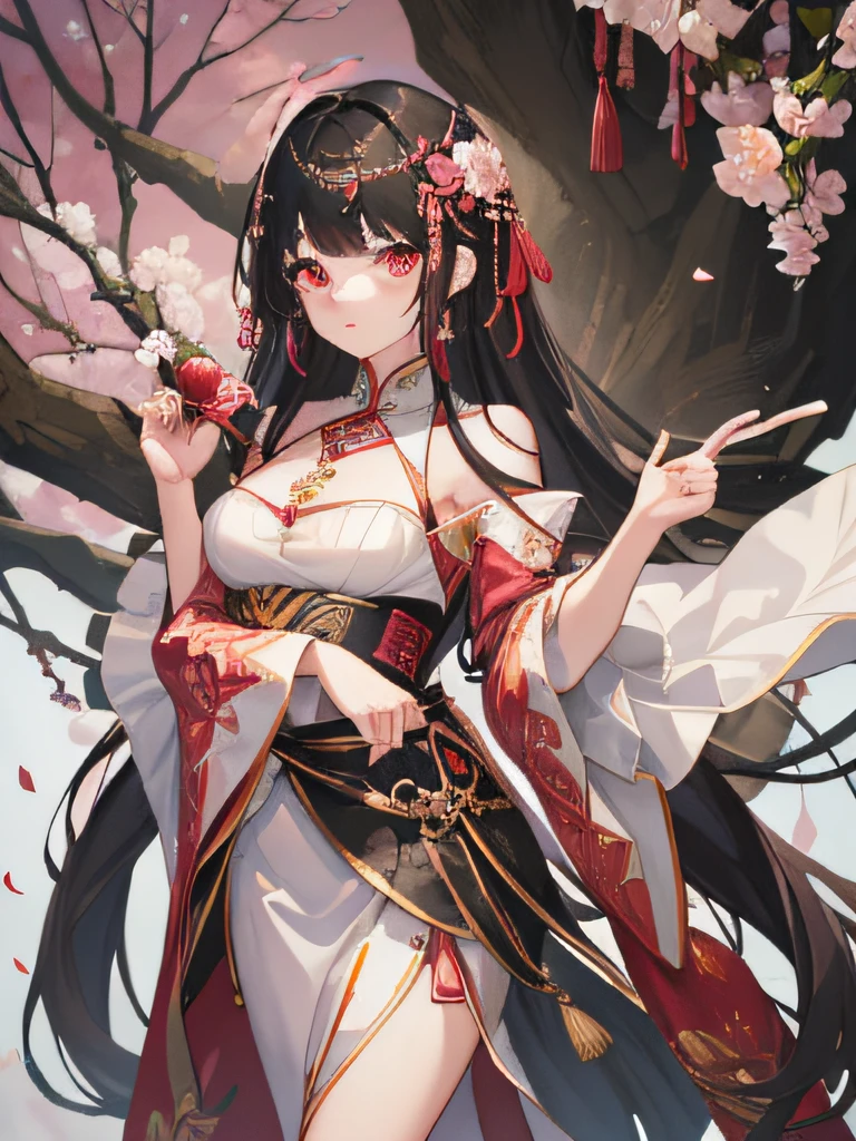 (tmasterpiece:1.2),Atdan, 1 cute girl with, Alone, Branch, flowers blooming, jewely, a skirt, ear nipple ring, that tree, through bangs, Pink Long Hair, hair adornments, Chinese clothes, black hair color hair, hairflower, with pink hair, exposed bare shoulders, Beautiful waist,Very slim figure,Very long hair, Wide sleeves, longer sleeves,Remove excess hands,fixed fingers,Light red eyes,having fun