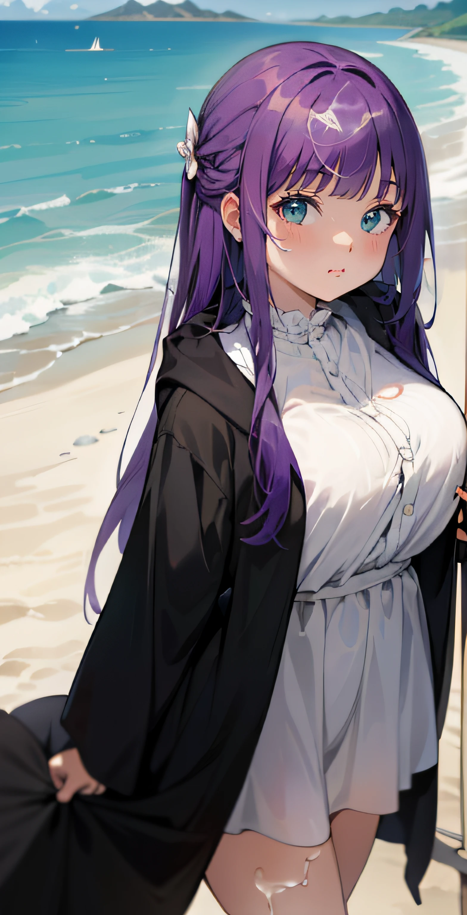 FernFrieren, very long hair, purple eyes, (purple pupils), white dress, black robe, 1girl, standing, posing, cowboy shot, perfect quality, good quality, masterpiece, HDR, UHD, view from above, ((light smile:1.1)), outdoors, sand beach, ocean water, ((cum on face:1.2))