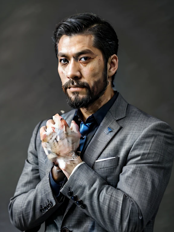 Handsome men,Japan people in their 30s,Bearded,dandy,musculature,Upper body portrait,人物,Gray background,suits,Touching your face with your hands