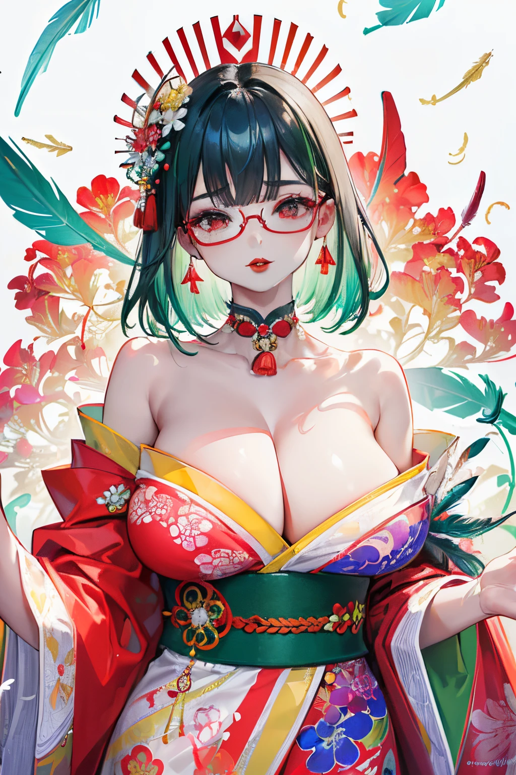 (((put on glasses,drooing eyes,roundly eyes,with round face))),(((The upper part of the body))),(((goddes,Amaterasu,calamus,Beautiful green hair))),(((orange flame effect:1.3,Radial backlight:1.3,Color feathers:1.2,beautiful kimonos,gorgeous colors,Red and white kimono,Komono))),saggy tits,bare shoulders​,(Fractal Art:1.3),(colorful flower:1.2),metal ornaments,Particle,llight rays,(​masterpiece,top-quality,top-quality,Official art,Beautifully Aesthetic:1.2),(1girl in:1.3),A highly detailed,(colourfull:1.1)(florals:1.3),highest details,(Zentangle:1.2),(dynamicposes),(Abstract background:1.3),(shinny skin),(Many colors:1.4),(耳环:1.4),(feather:1.4),(Red lips:1.5),(Gloss on lips:1.5)