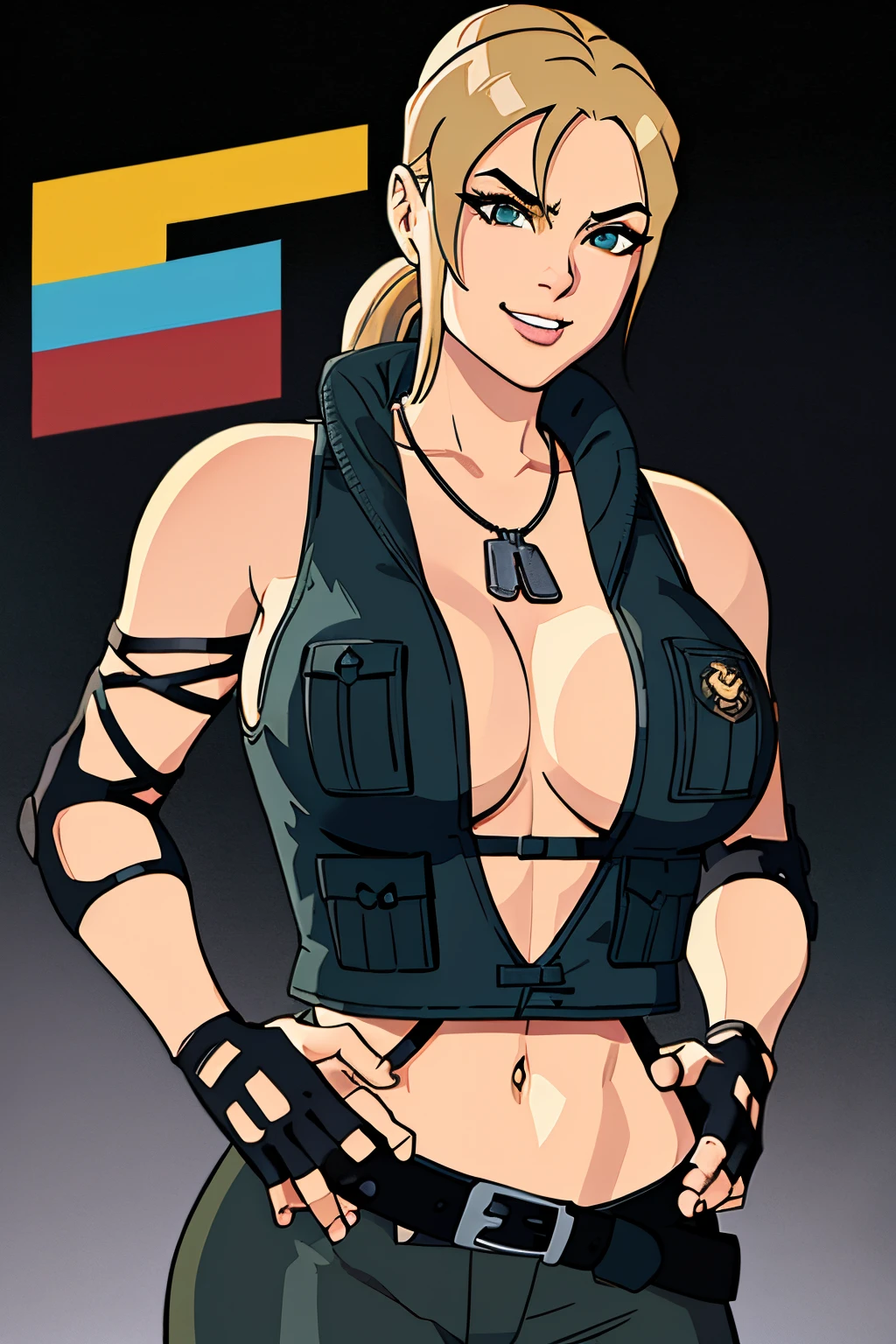 1girl, cowboy shot, sonyablade, cleavage, vest, abs, cleavage, dog tags, fingerless gloves, midriff, navel, pants, knee pads, hand on hip, smile, (huge breasts: 1.3),((upper body: 1.3)), crop top, ponytail,blue eyes, blonde hair, blue eyes, masterpiece, best quality, fake screenshot, ben10