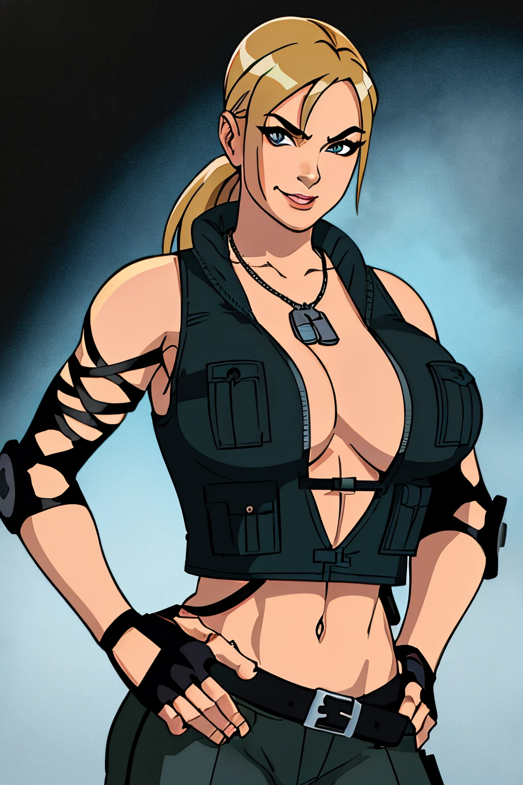 1girl, cowboy shot, sonyablade, cleavage, vest, abs, cleavage, dog tags, fingerless gloves, midriff, navel, pants, knee pads, hand on hip, smile, (huge breasts: 1.3),((upper body: 1.3)), crop top, ponytail,blue eyes, blonde hair, blue eyes, masterpiece, best quality, fake screenshot, ben10