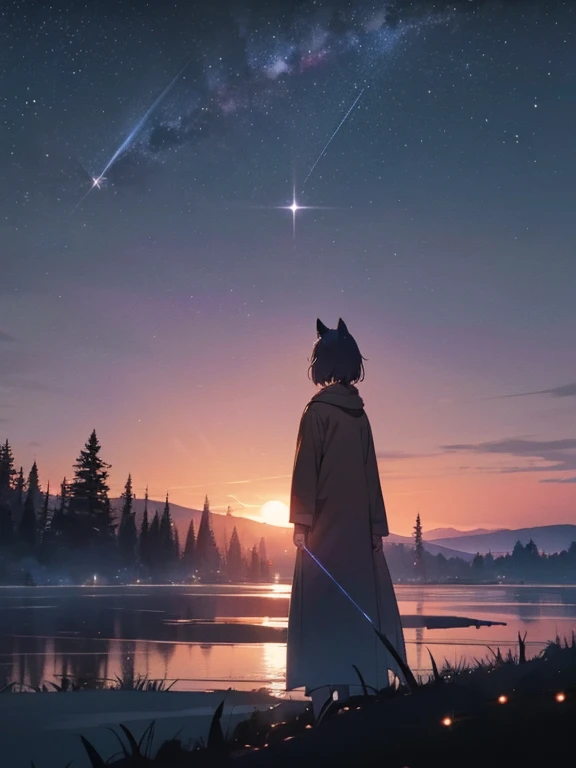 night sky full of stars、landscapes、the woods、sunrises、wolf boy at dusk、backshots