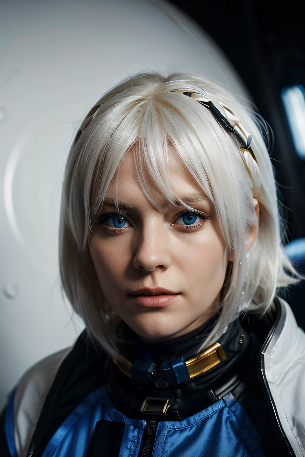 Women with ,Golden white hair,Blue Eyes,,,black space suit