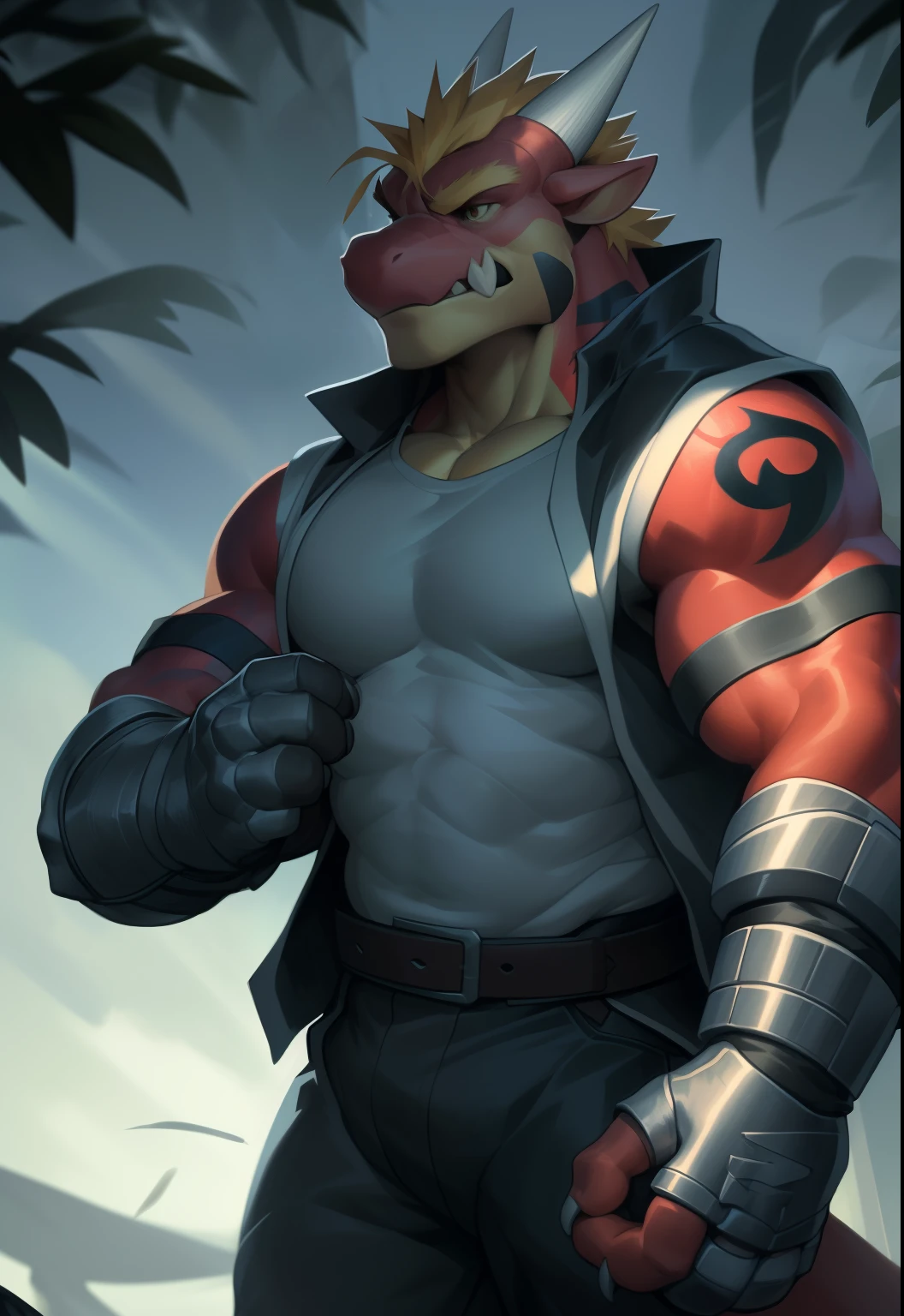 Anthro, solamente, delga, Dragon, ropa, masculino, ropa superior, muscular, Antro muscular, chaqueta, camisa, Guantes sin dedos, ojos verdes, macho musculoso, cuerpo rojo, Mirando al espectador, nada, ropa inferior, Tatoo, chaleco blanco, cabello rubio, Antecedentes detallados, fotorrealista, manos realistas, 8k HD, Detalle extremo, (Sombras oscuras, wide dynamic range, HDR, poca luz:1.2), Por Canyne Khai,por milkytiger1145,por takemoto arashi,por null-ghost