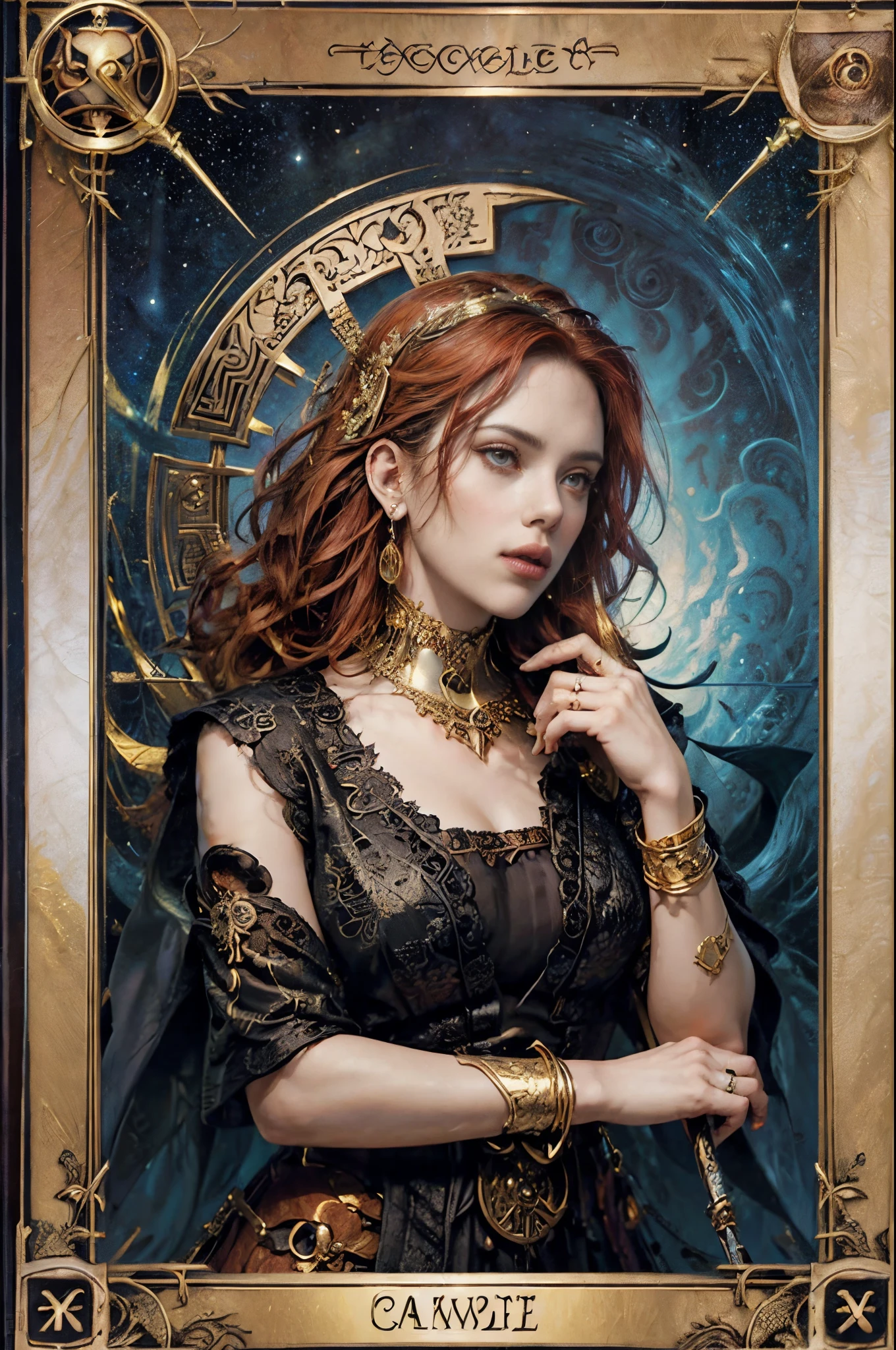 tarot cards，Full tarot border，(Image surrounded by tarot card style border:1.8), ，hades，The Grim Reaper armed with a giant scythe，(Scarlett Johansson （Scarlett Johansson）Play）dressed in：black toga，with curly red hair，Roman mythology，8k wallpaper,good quality eyes，delicated face，correct hand， ultra - detailed, Beautiful and beautiful, tmasterpiece, best quality, extremely detaile, dynamic angle, cow boy shot, The most beautiful form of chaos, Elegant, Fauvistdesign, vibrant with colors, romanticism lain, hell,  volcanoes，magma，skulls, bloods，seele，Hand holding scythe，vintagestyle，（Tangled，datura，Tangles，entangled）， (s fractal art: 1.3)，Divine light，gold foil，Gold leaf art，Flash drawing，Full tarot border，（full bezel 1.5），Fang Yi，（border centered：1.8）