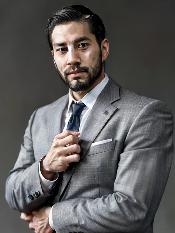 Handsome men,Japan people in their 30s,Bearded,dandy,musculature,Upper body portrait,人物,Gray background,suits,Touching your face with your hands