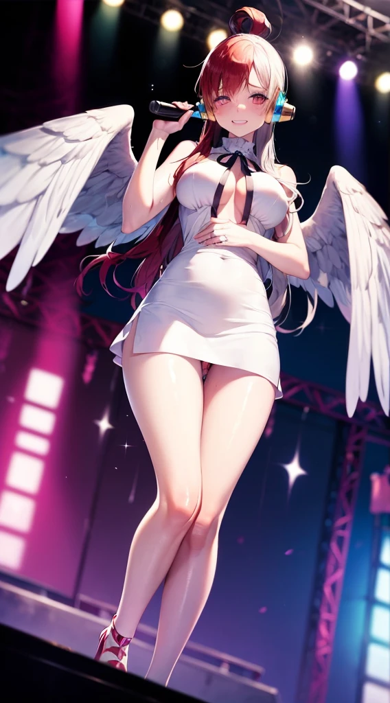 masutepiece、Best Quality、hight resolution、tre anatomically correct、((stage))、microphone、((live))、dance、white dres、Black ribbon at chest、a miniskirt、(Vibrant colors:1.2)、(masterpiece:2.0)、onepiece、Uta、blanche、left red hair、right gray hair、Not wearing pants、divine spirit、Flushed cheeks、a smile、Beautiful girl in every detail、Body shining with sweat、Wet、Seductive thighs、y pose、Hair above one eye、(frombelow:1.5)、Pusmale genitals、Intravagxpansion、You can see inside the skirt、((Female genital exposure))、Lit up、(pointy tits:1.6)