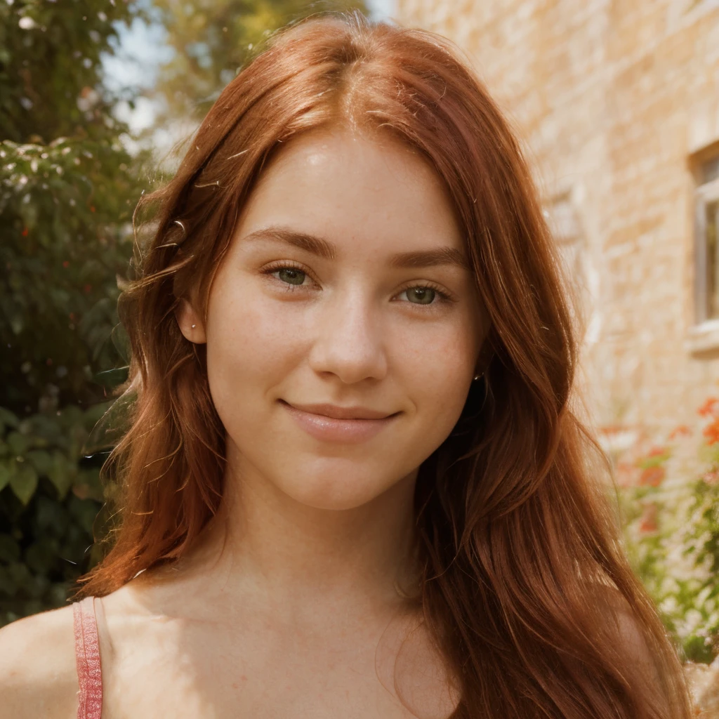 portrait, head and shoulders shot, photo, canon, a young Nordic woman, well designed red hair, symmetrical face, symmetrical eyes, balanced eyes, thin nose, cute smile, garden background, ultra realistic, ultra detailed, natural skin texture, photorealistic