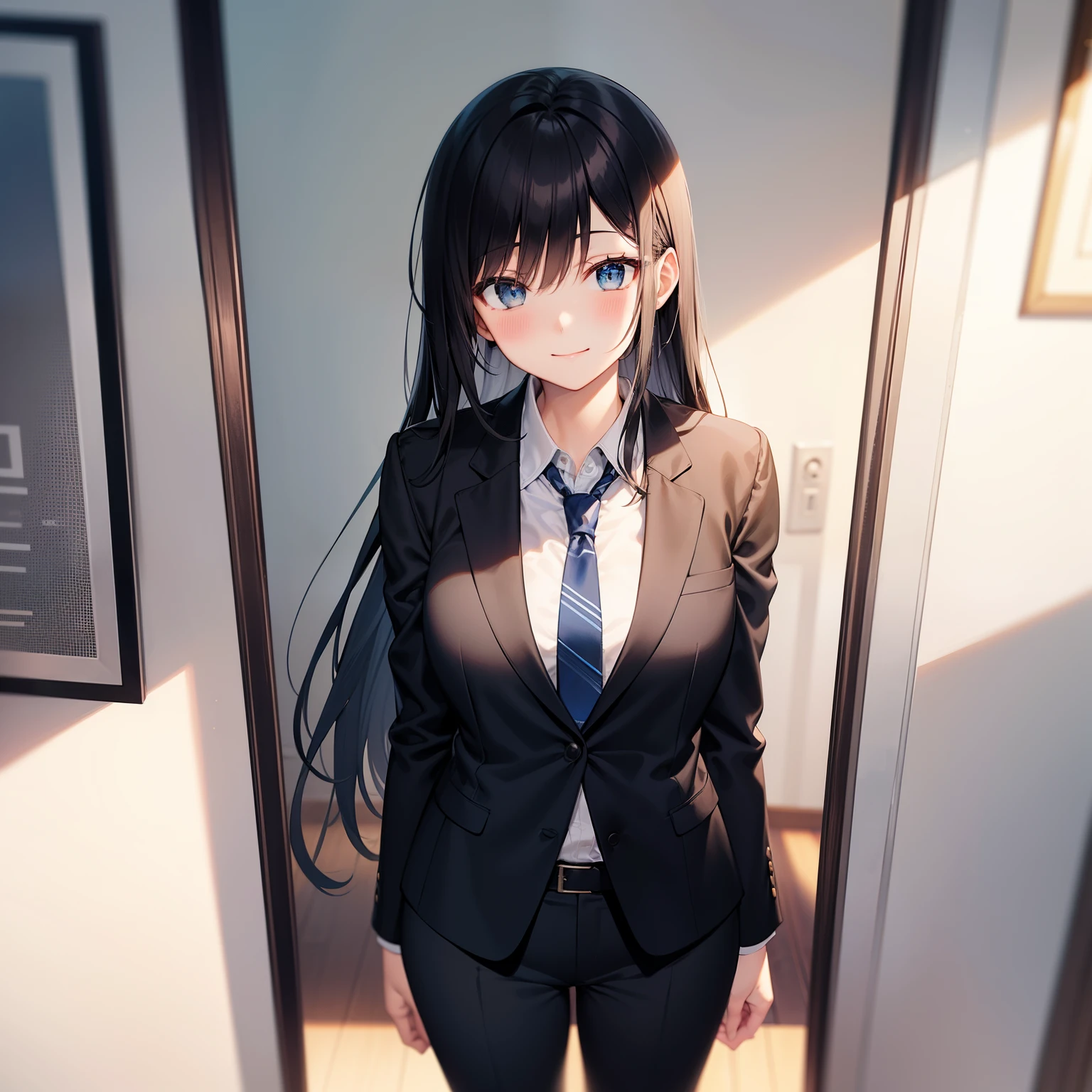 Yukinoshita yukino,woman in formal attireactive suit tuxedo tailcoat standing in a large alcove in the room, 1girl, solo, necktie, black hair, blue eyes, long hair, smile, jacket, looking at viewer, shirt, pants, blue necktie, collared shirt, white pants, white shirt, indoors, bangs, long sleeves, closed mouth, window, black jacket, blush, cowboy shot, formal, suit, full body