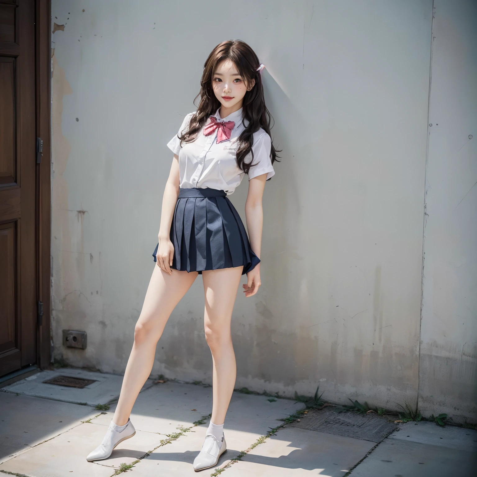 (((supermodel style character in detailed full body))), photo of a korean woman named koreanbabe, , Shooting for one person only, cute, kawaii, blush, big eyes, big breast, nfsw, detailed face, detailed pupils, detailed iris, skin texture, From front, detailed eyes, Beautiful waist, very slender legs, very slender physique, sexy, seductive, Very aesthetic, (looking at viewer:1.25), thin arms, eye shadow, skin pores, lips, nose, keylight reflection on eyes, (natural smile), photorealistic light, (masterpiece:1.2) and (best quality:1.2) and (photorealistic:1.2) and (Realistic:1.4), natural light, flash photography, Cinematic Feeling, (((Colorful))), (Perfect body : 1.1), (dynamic angle, dynamic pose:1.2), ((full body : 1.4)), ((Standing: 1.3)), ((posing: 1.2)), white bra, Detailed panty patterns、panties focus、white panties made of lace material、Tiny panties、low angle shot from below, JK school uniform, hi-school girl, Pink ribbon, Black socks, (Red bow tie), (Light blue shirt), (Navy pleated skirt), Knees are visible, Sheer clothing, Thigh, Black cotton socks