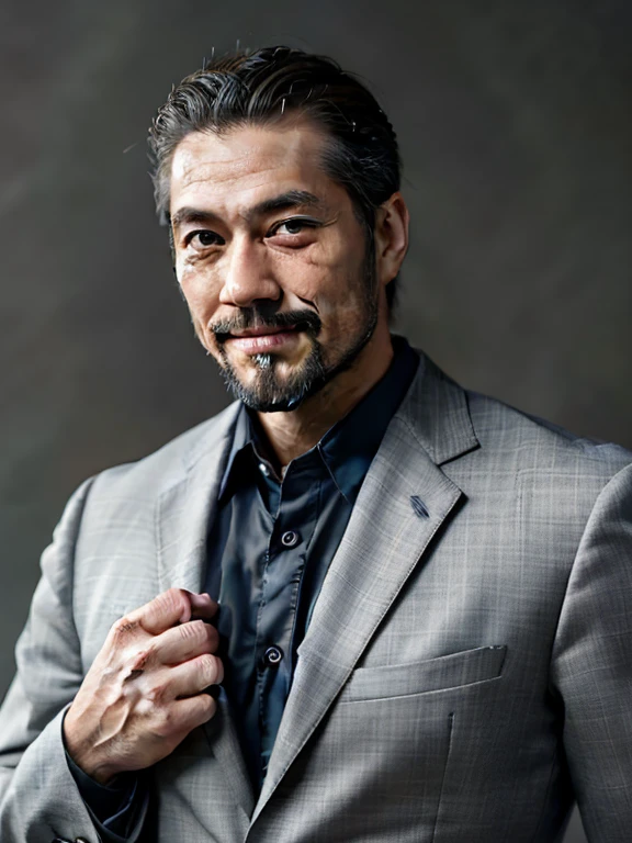 Handsome men,Japan in their 40s,Bearded,dandy,musculature,Upper body portrait,人物,Gray background,suits,Touching your face with your hands,a smile