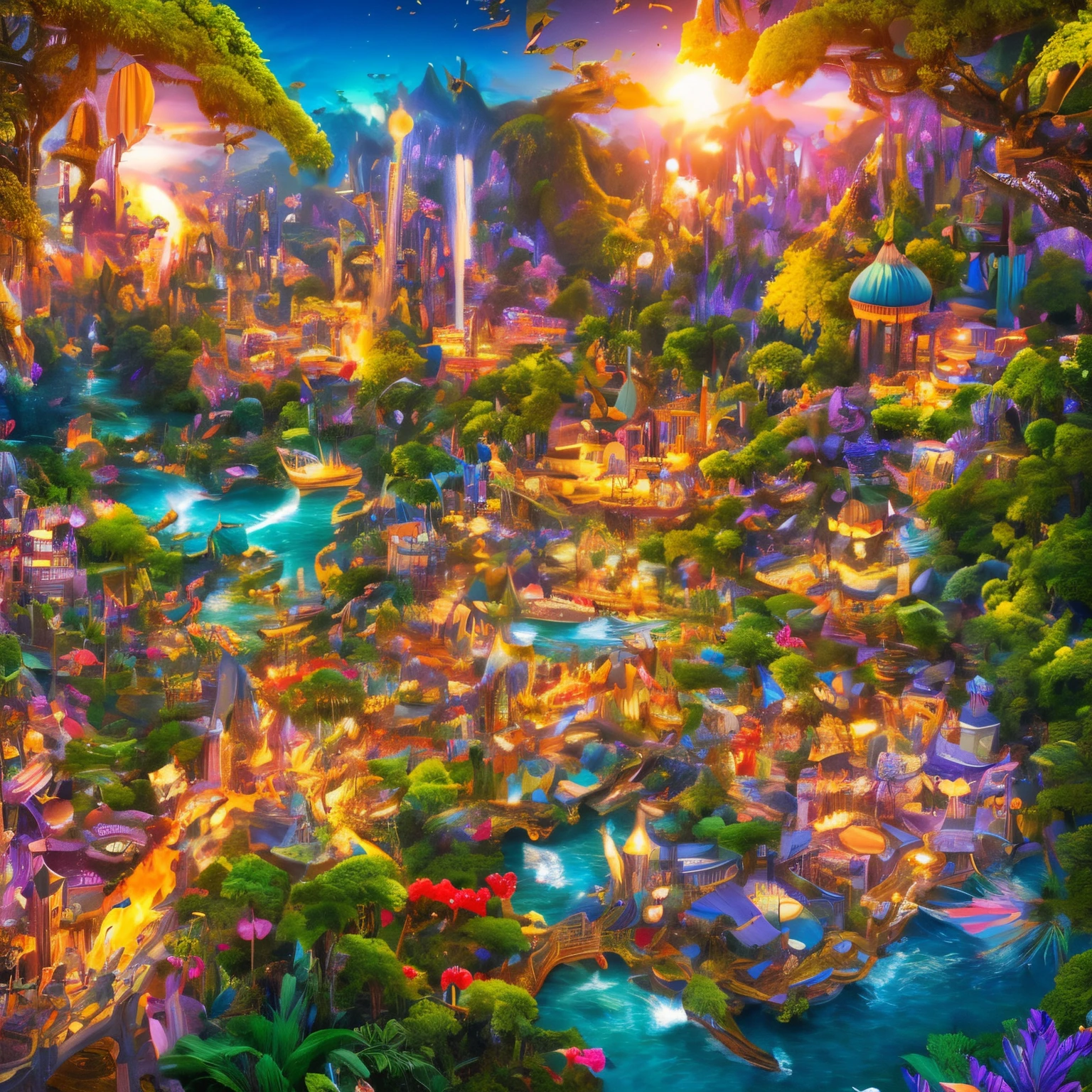 super high quality, 8k, RAW photo, realistic, detailed and delicate depiction and flashy and dynamic painting method, world unlike any other, inviolable, paradise, fantasy, (magnificent view:1.5)