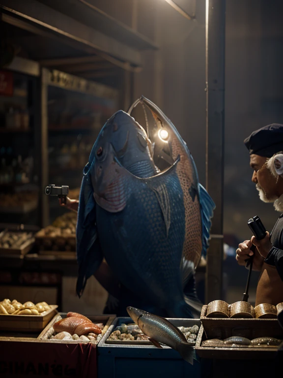 A fish is pointing a gun at the fish seller on the left，Scene at morning fish market