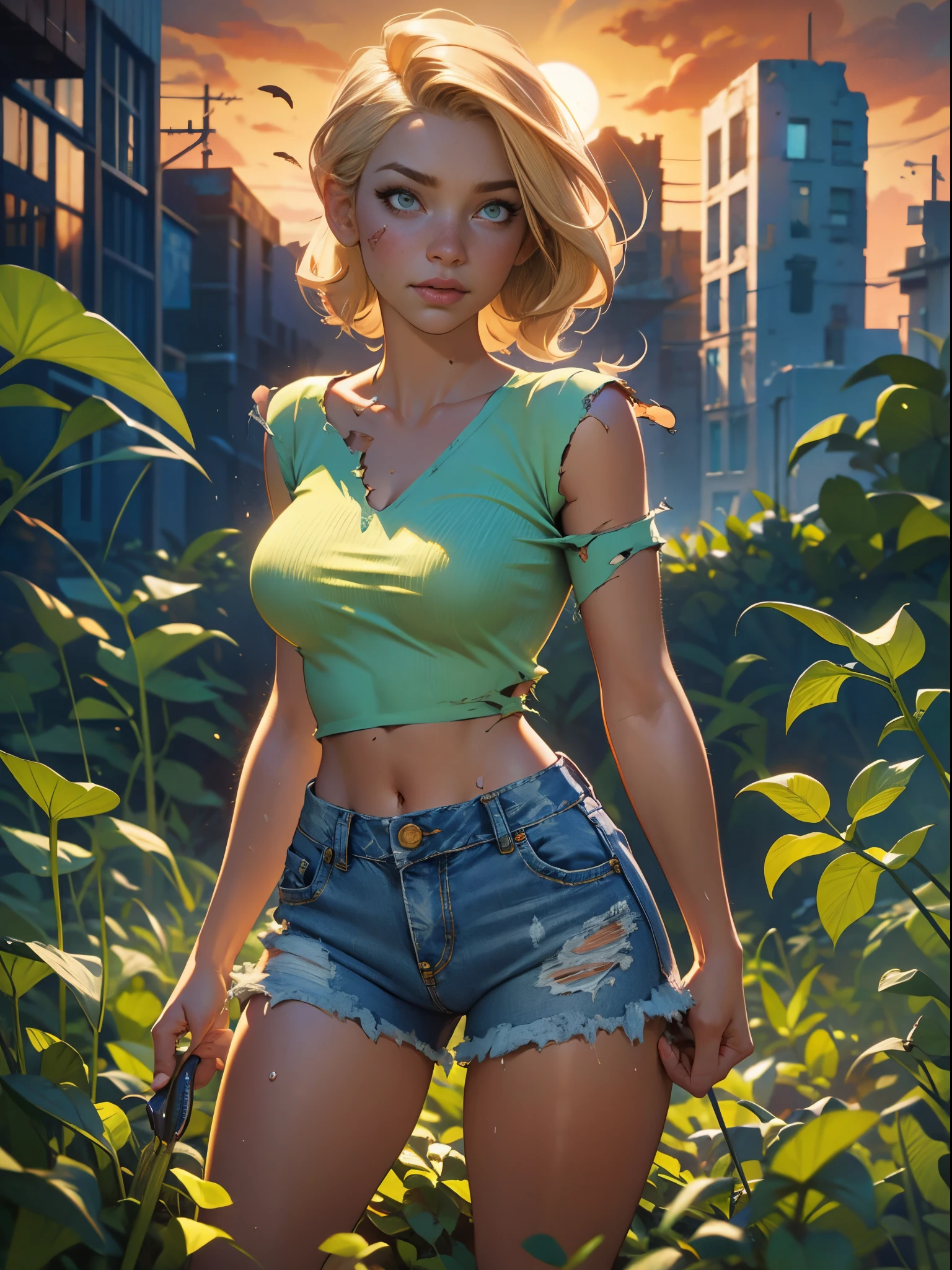 2076 year. The Urban Ruins of the Wasteland, Female huntress picking fruit in the garden, beautiful face, blonde, badly torn shirt and denim shorts , long legs, sweating through, sun rising, Nice warm colors, head to toe, full body shot, pretty hands, perfect fingers,