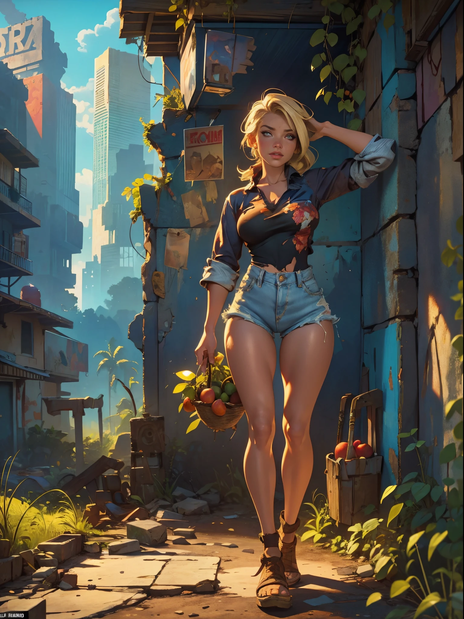 2076 year. The Urban Ruins of the Wasteland, Female huntress picking fruit in the garden, beautiful face, blonde, badly torn shirt and denim shorts , long legs, sweating through, sun rising, Nice warm colors, head to toe, full body shot, pretty hands, perfect fingers,