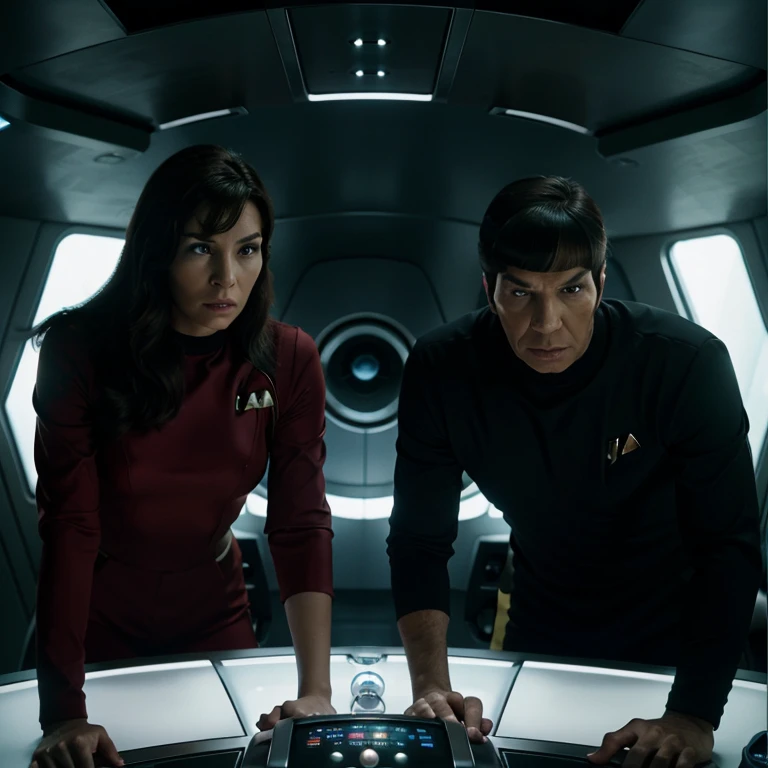 Captain Kirk and Spock watch a shiny chrome sphere on the main monitor on the bridge of the starship Enterprise