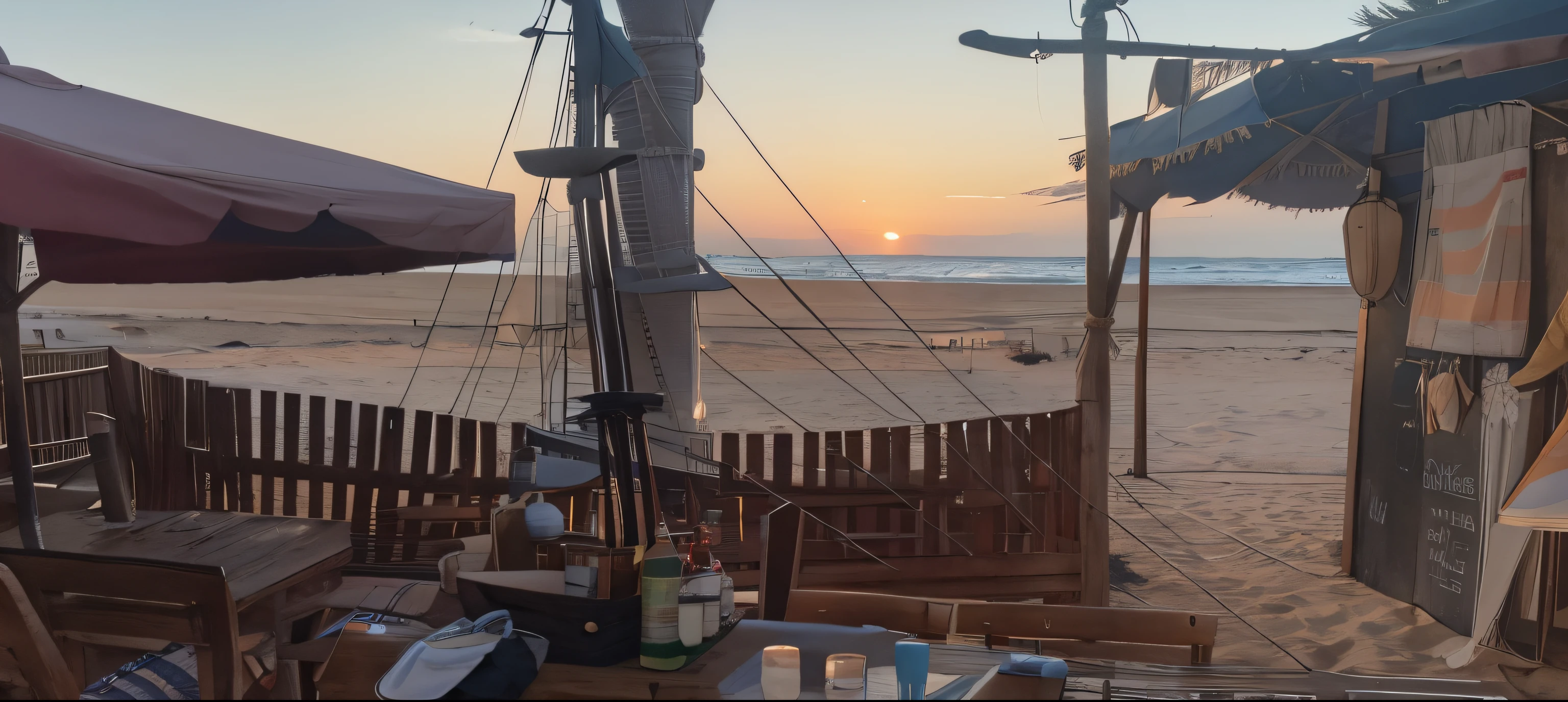 il y a une table avec une bouteille de vin et un verre de vin dessus, Pirate ship in the background, sur la plage au coucher du soleil, au coucher du soleil, Sunset at the beach, au coucher du soleil, Regulations du jour, at beach at sunset, au lever du soleil, sur la plage au coucher du soleil, Lever du soleil tôt le matin, au coucher du soleil, Soir, Réglage crépusculaire, au lever du soleil