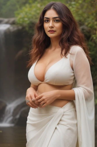 Gorgeous glorious indian actress, in white saree, goddess outfits, standing in waterfalls, wet hair, burgundy hair, bob cut, curls, 4K details, pretty face, beautiful face, bright eyes, alluring natural breasts, gigantic breasts, narrow naval, hourglass figure, wide cleavage