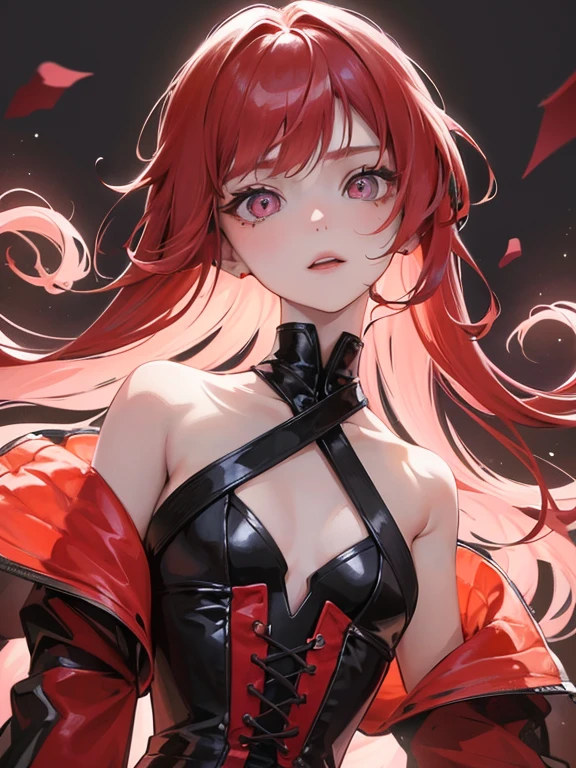 10 year old girl with long red hair, heterochromatic eyes, pale skin, flat chest, Wearing a black dress and a crisp pink blouse, With a more elegant and sophisticated touch, Matching her mysterious and intense personality. Overall, Her appearance will be impressive, Attract curious and intriguing looks, flat-chest, Cinematic lighting, chromatic abberation, Backlighting, masutepiece, high details, High quality, 4K.