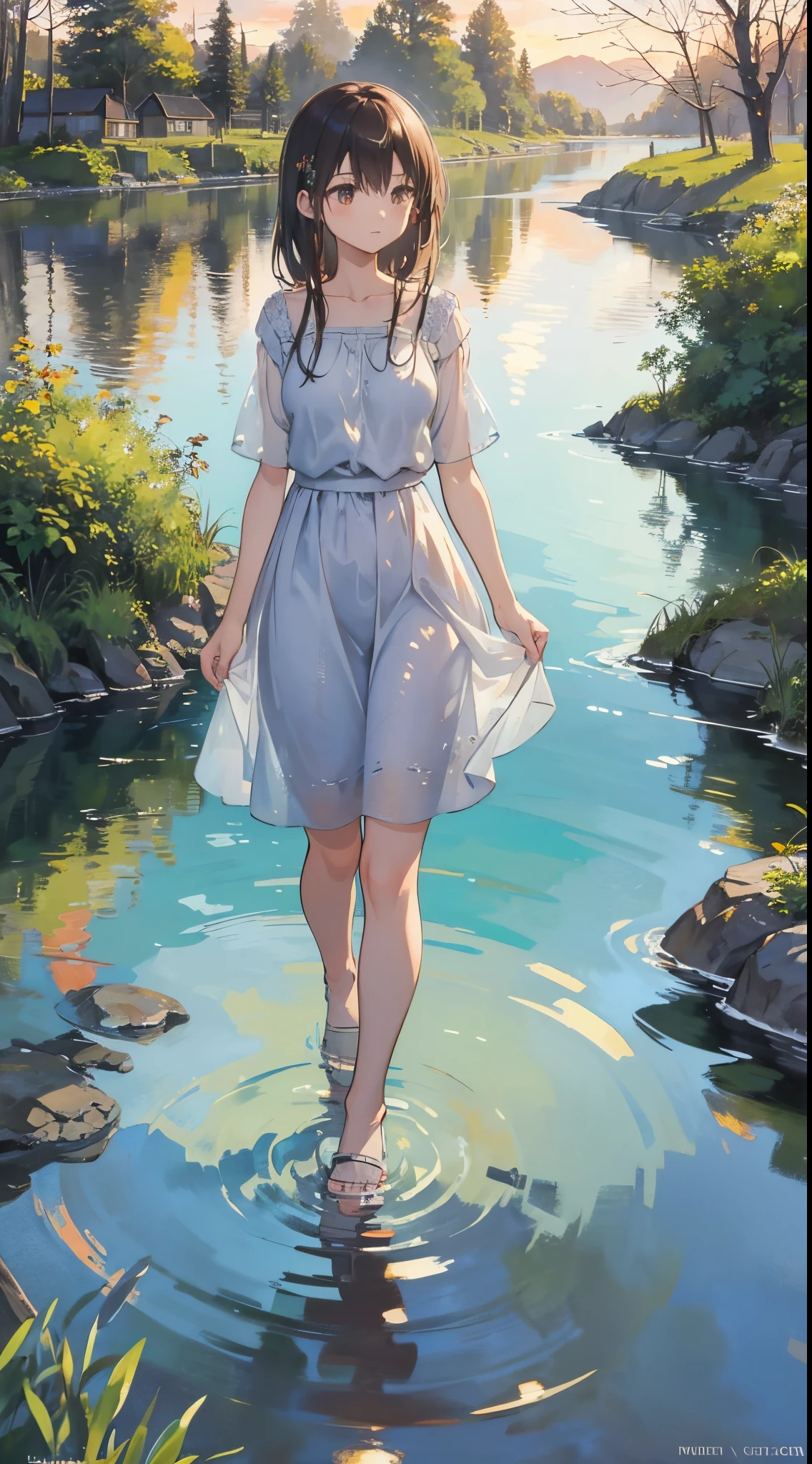 Impressionistic watercolor landscape revealing a rustic dwelling precariously nestled against a serene flowing river, as the declining sun births a variegated canvas in the sky and mirrors its brilliance on the surrounding foliage and tranquil water, quaint dwelling, tranquil river, sinking sun, vibrant sunset, lush nature, twilight, painterly texture, rich foliage, serene harmony, reflection in the water, warm color palette, broad brush strokes, dreamy atmosphere, gradient sky, soft lighting, artistic impressions