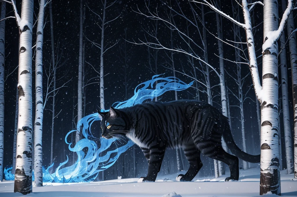 Midnight in a blizzard. Side view of one 10-foot-tall black and gray striped cat , surrounded by blue flames, stalking through a birch forest.