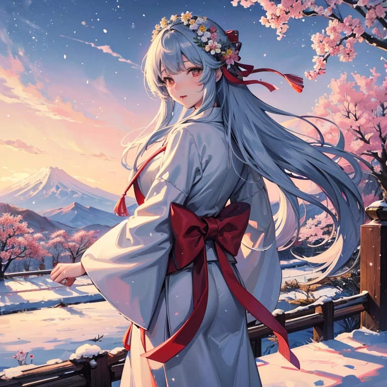 (Japan landscape paintings),(big snow mountain)(It's snowing),(There is a big cherry tree on the mountain、flowers are falling)frontier、Ultra-long viewing angle、An ultra-high picture quality、ultra-quality、Best Shots、award winning
