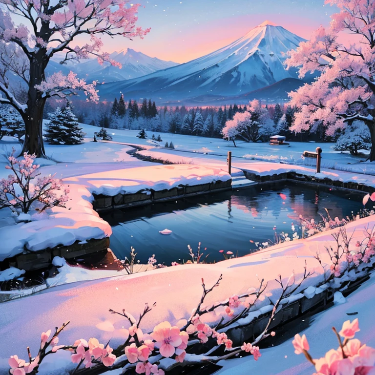(Japan landscape paintings),(big snow mountain)(It's snowing),(There is a big cherry tree on the mountain、flowers are falling)frontier、Ultra-long viewing angle、An ultra-high picture quality、ultra-quality、Best Shots、award winning