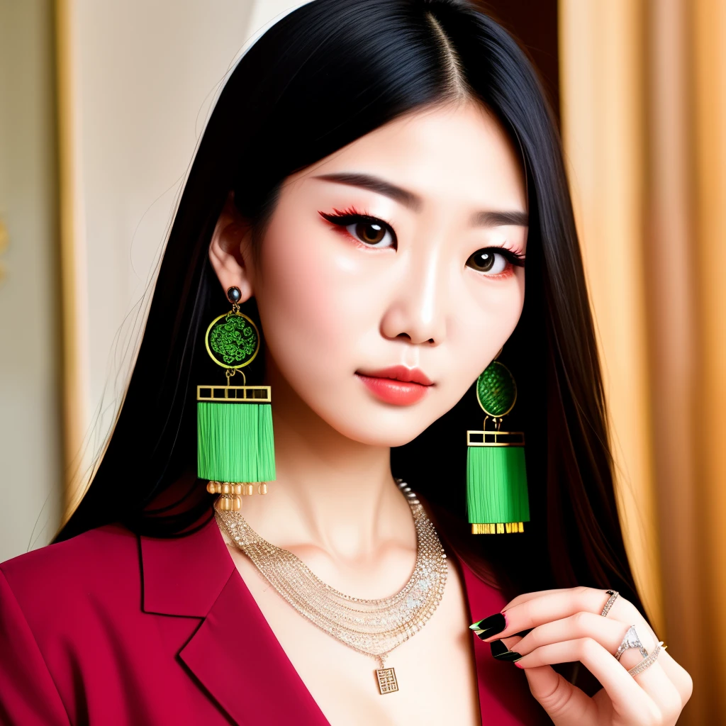 Chinese adult woman, long white hair, green eyes long eyelashes, thick lips, profiled nose, long green nails, wearing rings, earrings and necklaces
