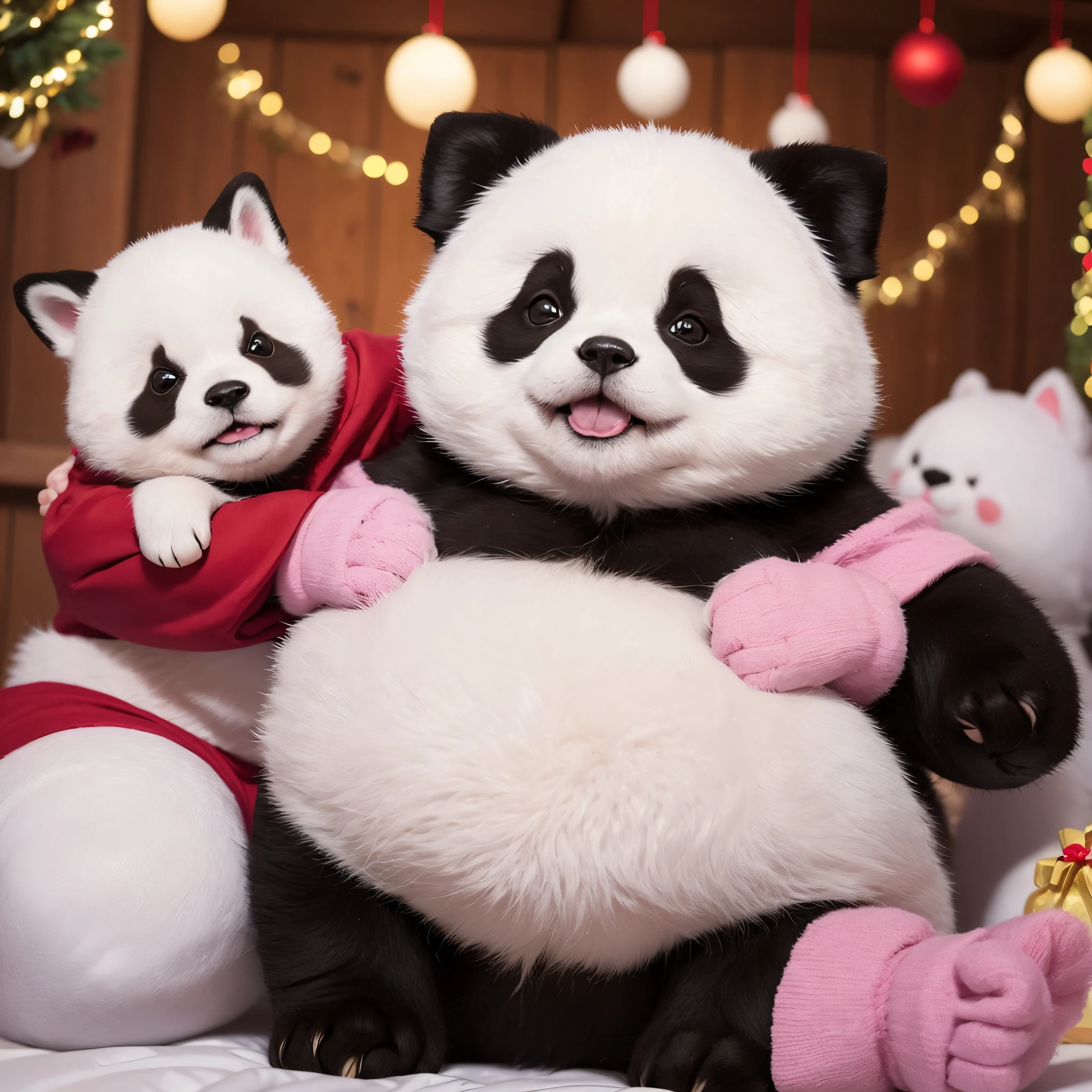 Chubby cute panda in Christmas colors ,I have a good friend, a Shiba Inu, which is pink and purple.。Hope to generate a set of 7-9 cute emoticons