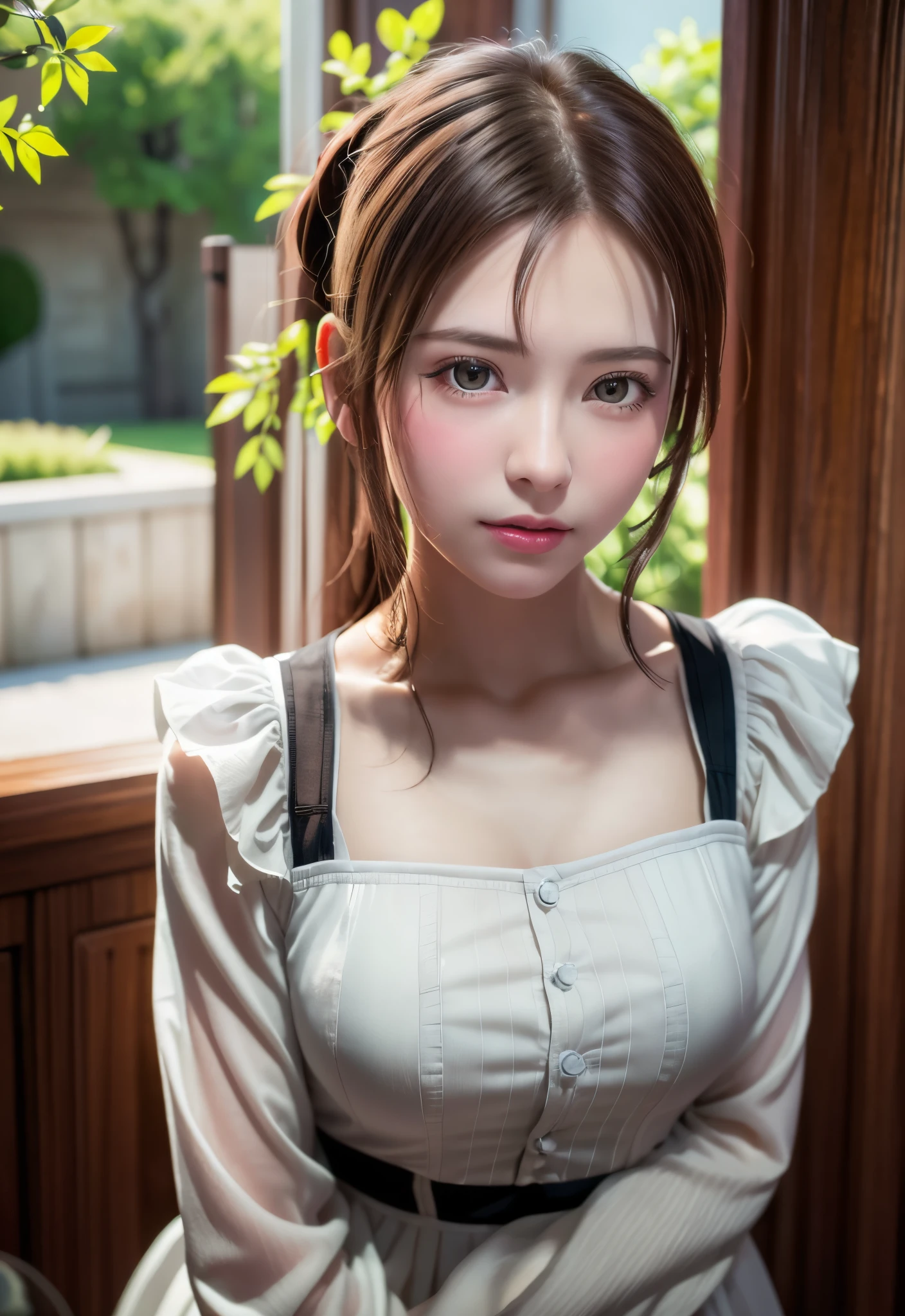 (top-quality、tmasterpiece、电影灯光、)、The iniquity of Japanese beauties、Glossy reddish-brown shorthair、hair pin、Disheveled hair、Floating hair、beauitful face、Slouched、squatt、(Nurse、White nurse uniform、nurse hat、Wrap the stethoscope around your neck、)、Beautiful smooth breasts、Hourglass body、Attract the smile of the audience、looks into camera、Push the photographer down and speak from above、Video from below、Hospital Rooms、close face、shiny skins、Bold sexy pose、Beautiful Finger、