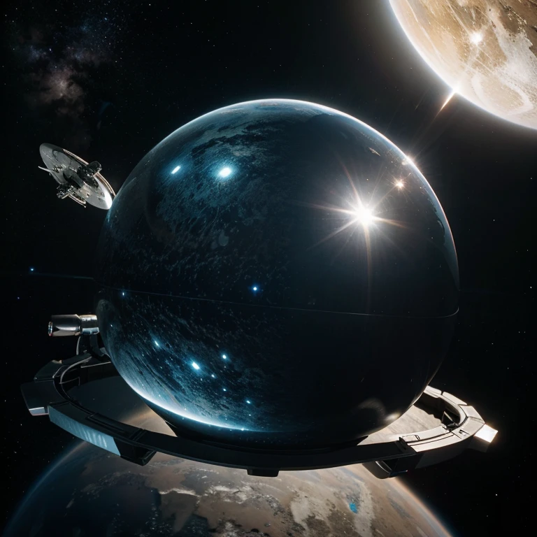 The starship Enterprise encounters a shiny chrome sphere in space